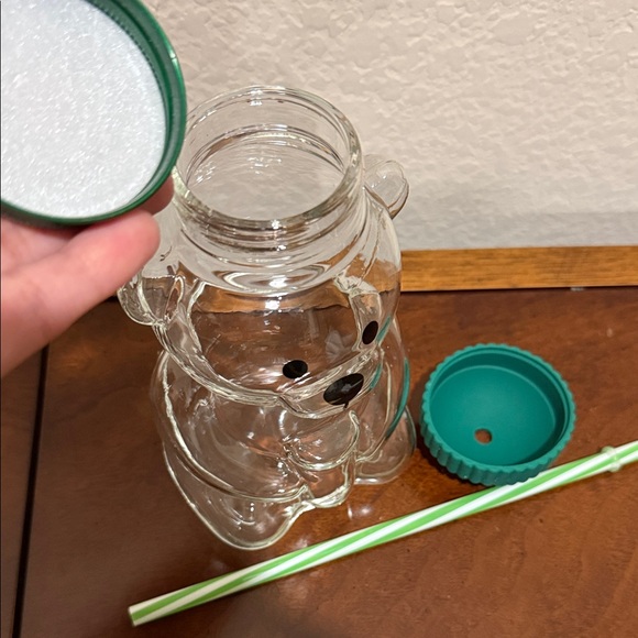 Bear Shaped Clear Glass Jar with Green Lid Straw New - Picture 7 of 7